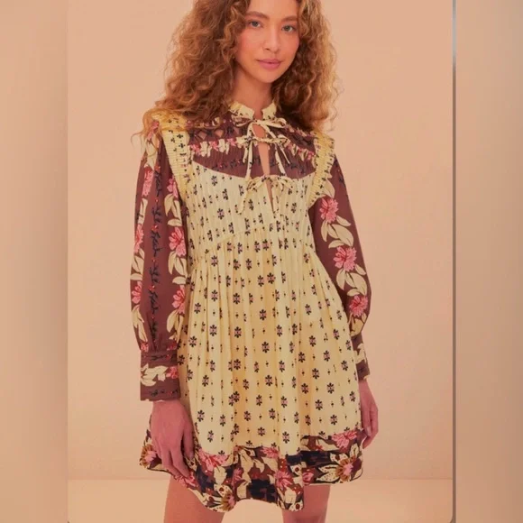 FARM RIO Ainika Maxi Floral Cream Open Yoke Mini Dress XXS - Picture 1 of 16